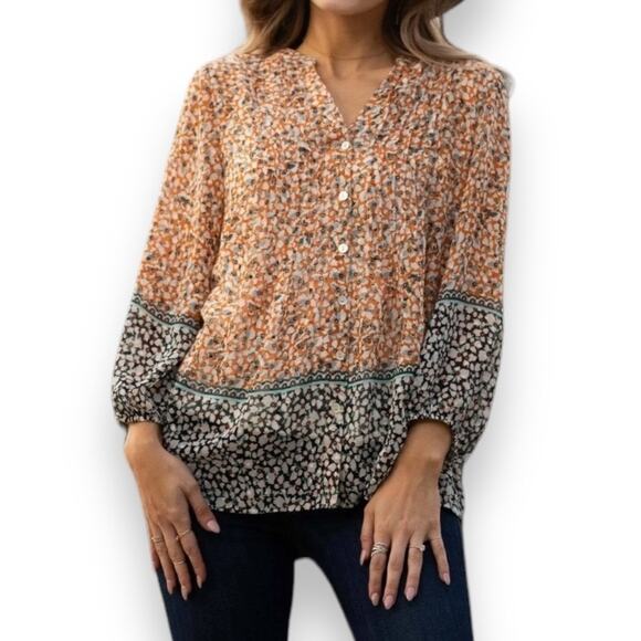 Fig and Flower Blouse Women's M Floral Print Orange Blue Button Down 3/4 Blouse - Picture 1 of 9